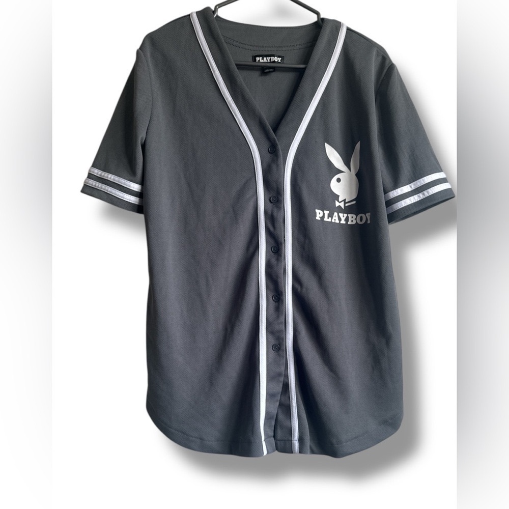 PLAYBOY Unisex Baseball Oversized V-Neck Button Jersey Top White Trim Sz XS